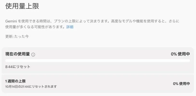 使用量上限の画面。現在の使用量と1週間の上限が、それぞれの使用率とリセットの時刻とともに表示されている